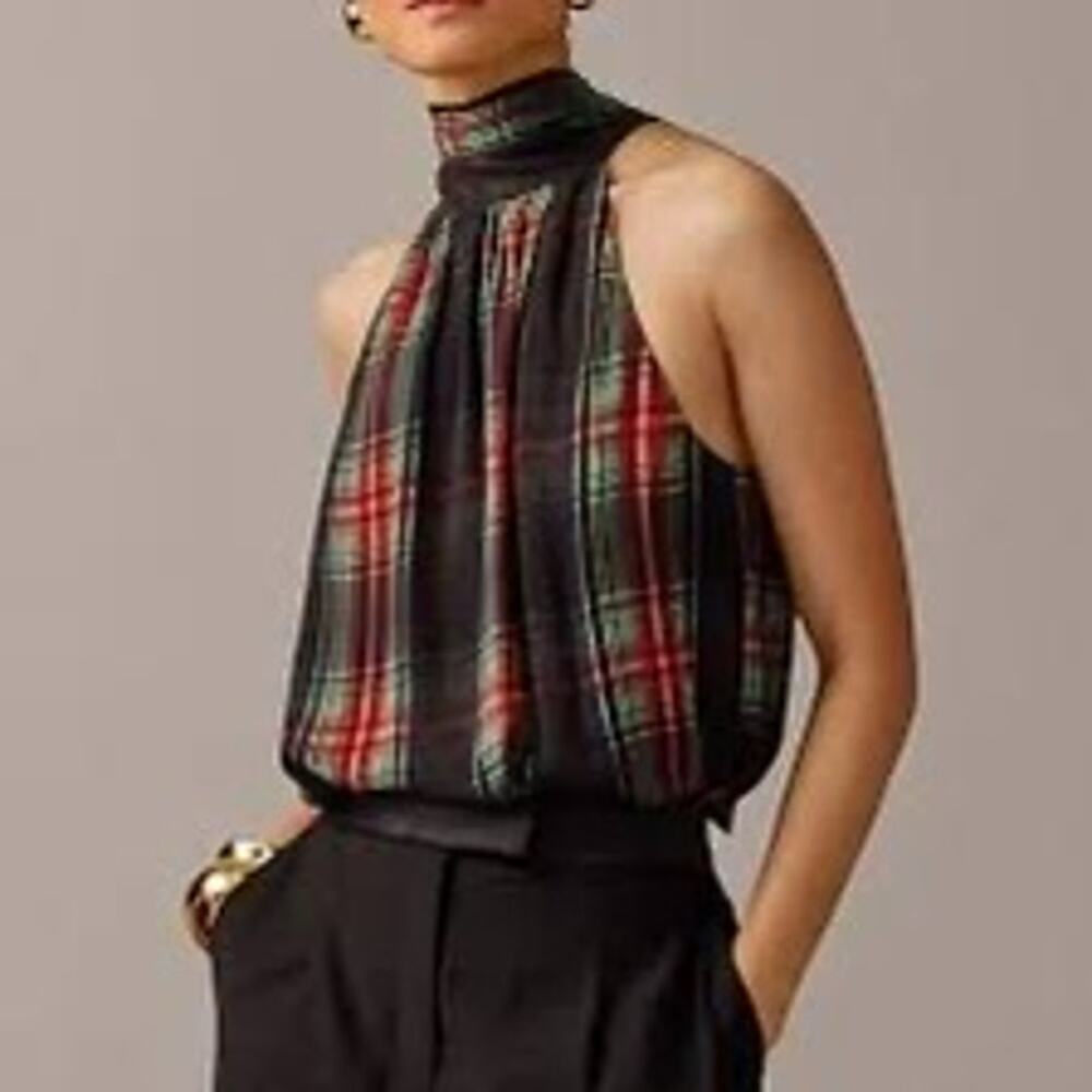 NWT J Crew Halter top necktie Stewart tartan plaid chiffon XL Holiday Christmas